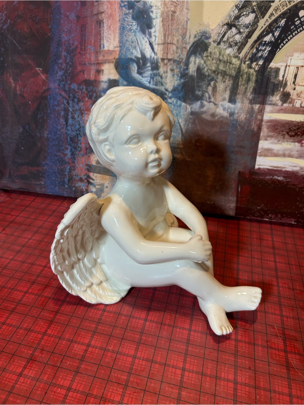 VTG Large Scioto 1990 Sitting Angel Cherub Ceramic Figure 9.5”High heavy